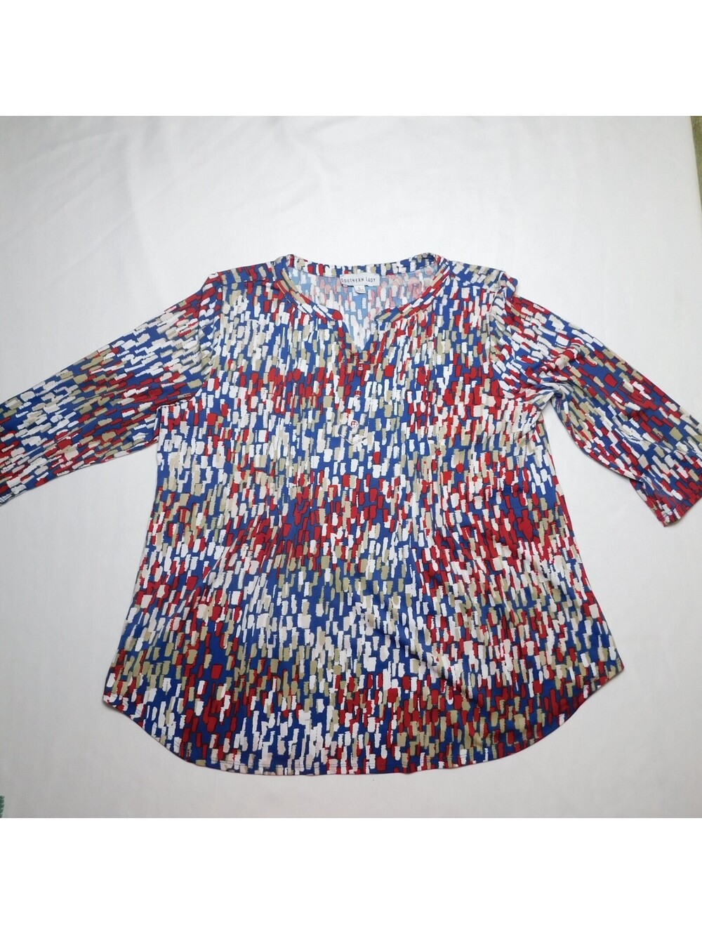 Southern Lady Blouse Womens Large Multicolor Abstract Henley Shirt 3/4 Sleeve L